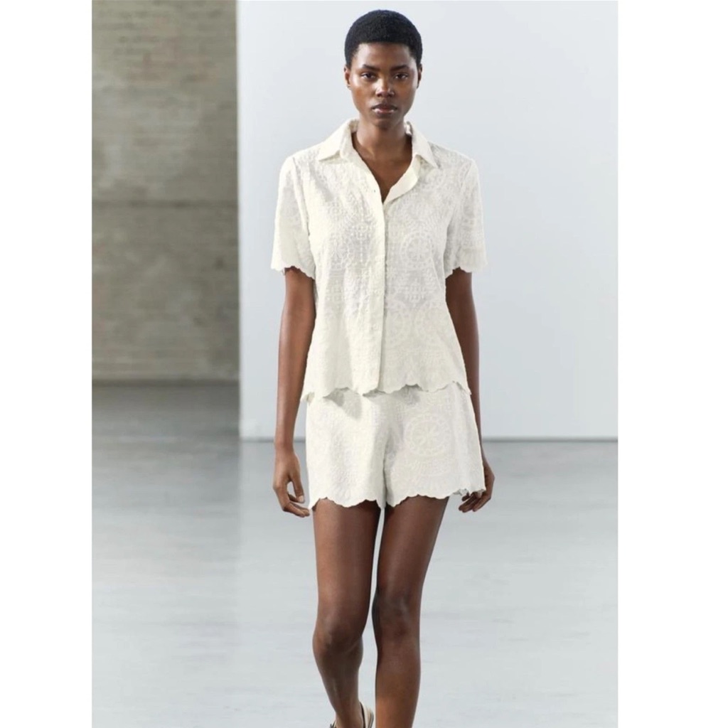 Zara Cream Textured Two-Piece Bermuda Set, Size Large